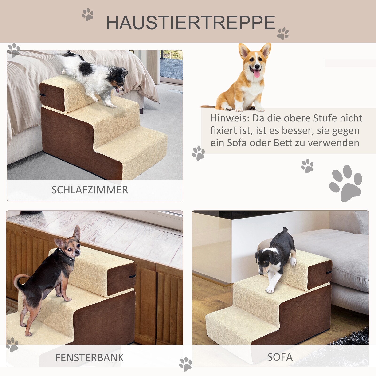 PawHut Hundetreppe mit Plüsch beige 54 x 40 x 39 cm (LxBxH)