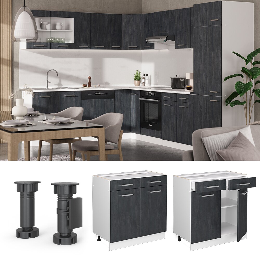 Vicco Schubunterschrank R-Line Schwarz Beton Weiß 80 cm mit Arbeitsplatte Anthrazit