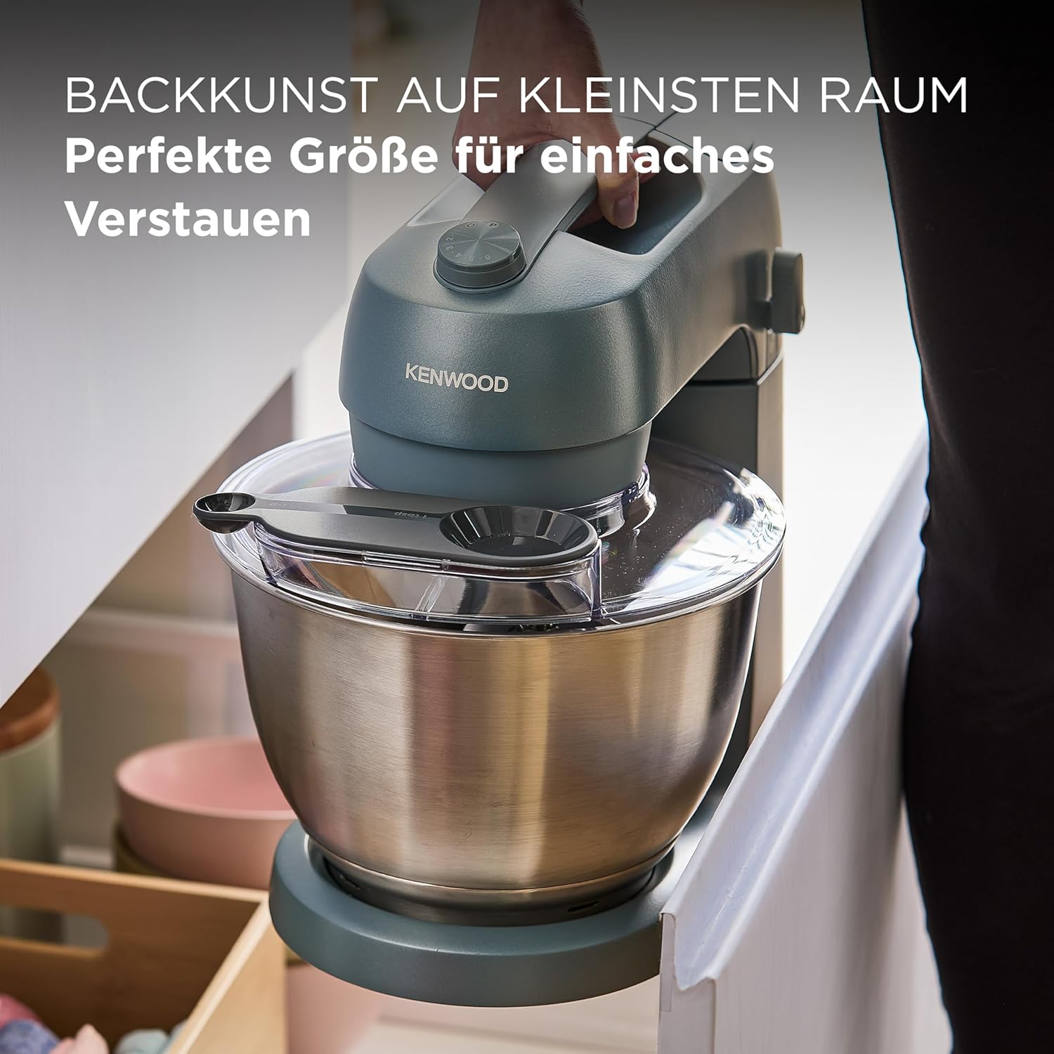 Kenwood Go Küchenmaschine KZM35.000GY, platzsparend, inkl. 4-Liter-Schüssel, K-Haken, Ballonschneebesen, Knethaken, Spritzschutz & Messlöffel, Metallgehäuse mit Tragegriff, 800W, Blau
