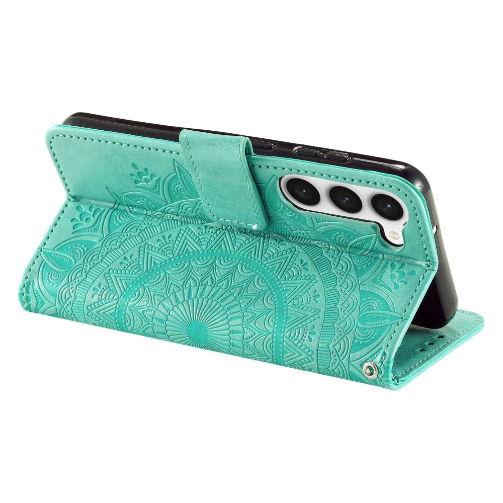Samsung Galaxy S23 5G Leder Tasche Wallet - Mandala Flowers Imprint - Türkis