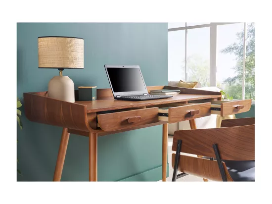 Bureau avec rangements 3 tiroirs vintage bois foncé noyer L132 cm HALLEN