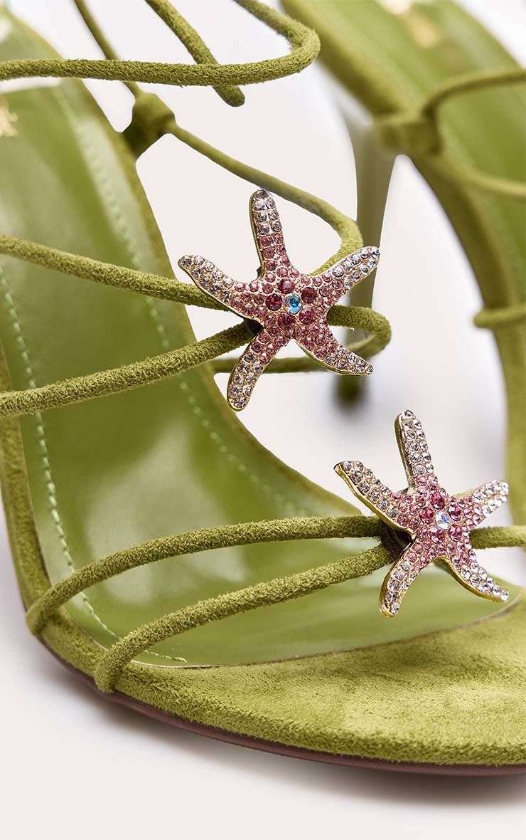 Vert Olive Sandales À Talons En Synthétique Avec Ornements Étoiles De Mer Et Lacets