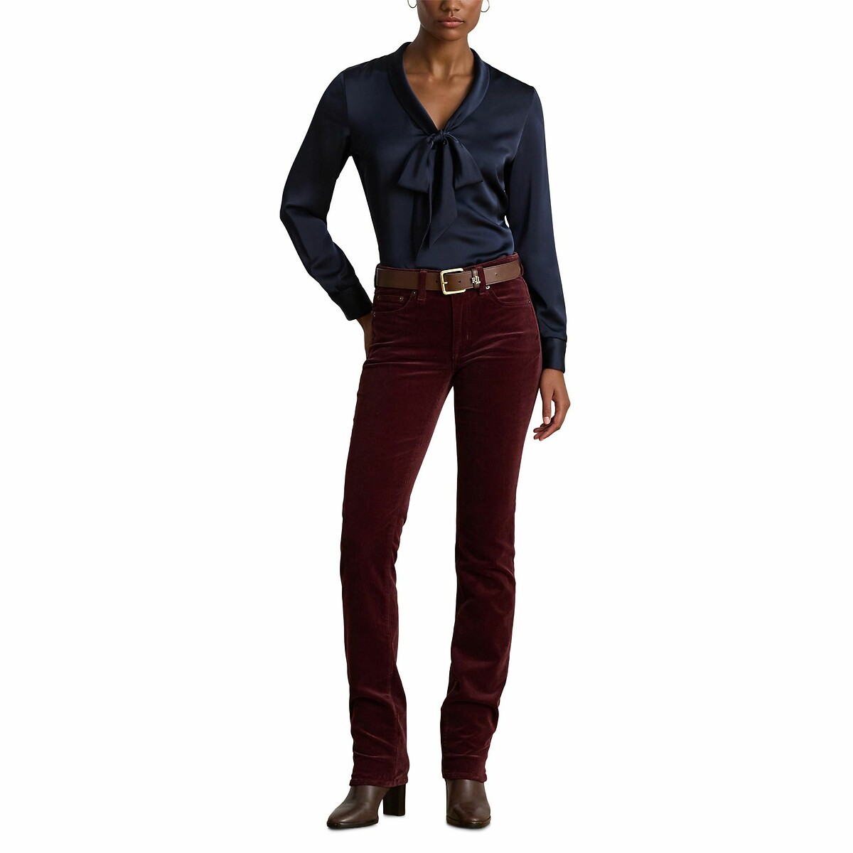 Blusa de cetim LAUREN RALPH LAUREN com mangas compridas e decote em V