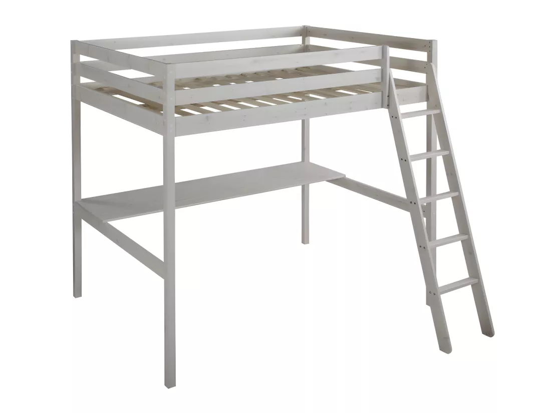Lit mezzanine GEDEON II - 140 x 190 cm - Avec bureau - Pin massif - Blanchi