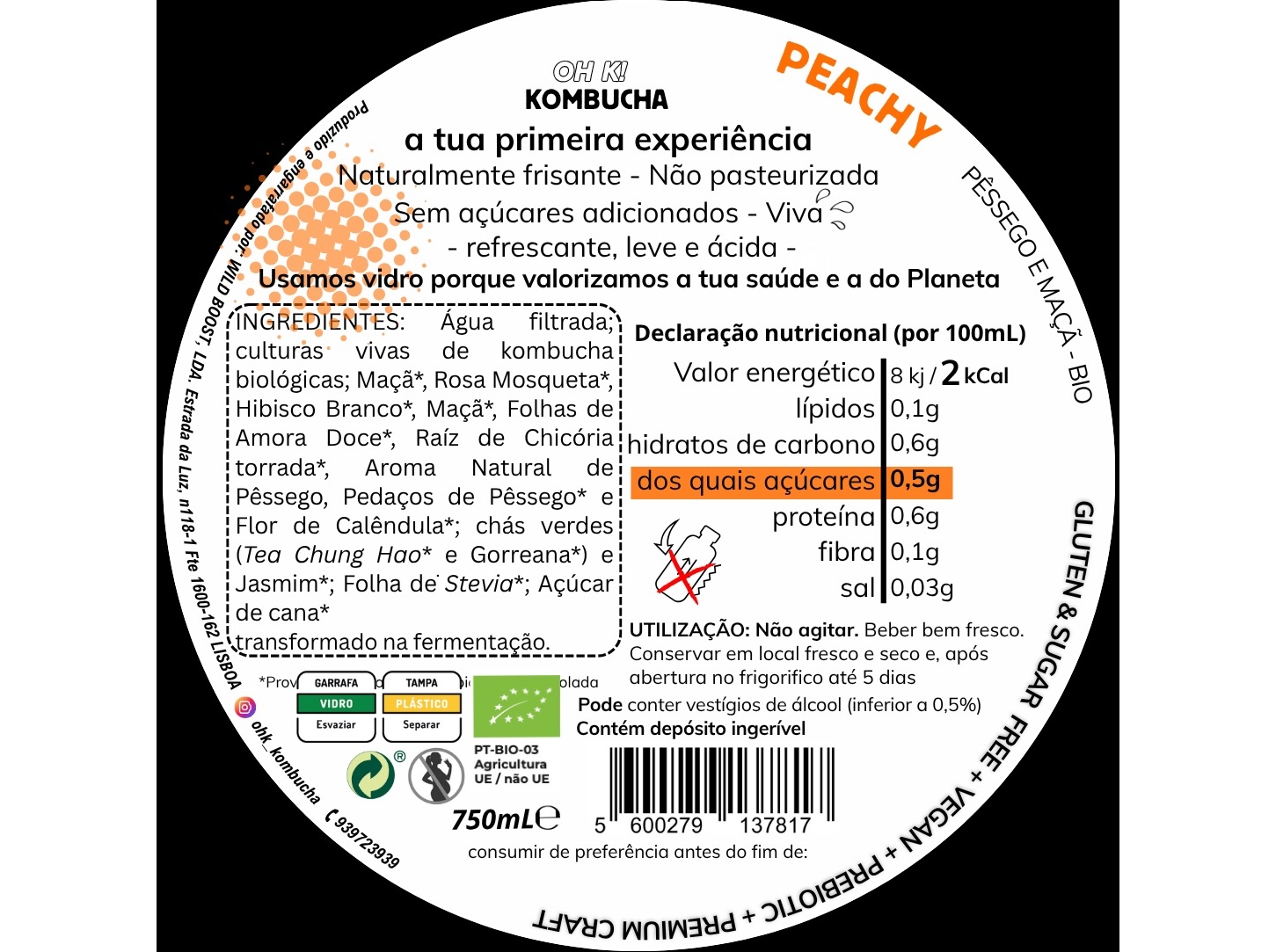 KOMBUCHA BIO OH K! PEACHY 0% AÇUCAR 750ML