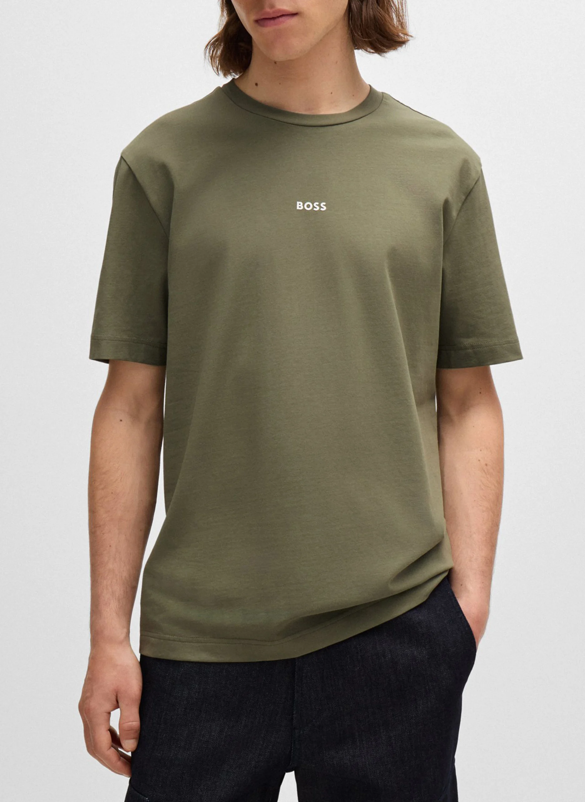 Tee-shirt col rond en coton mélangé| Kaki