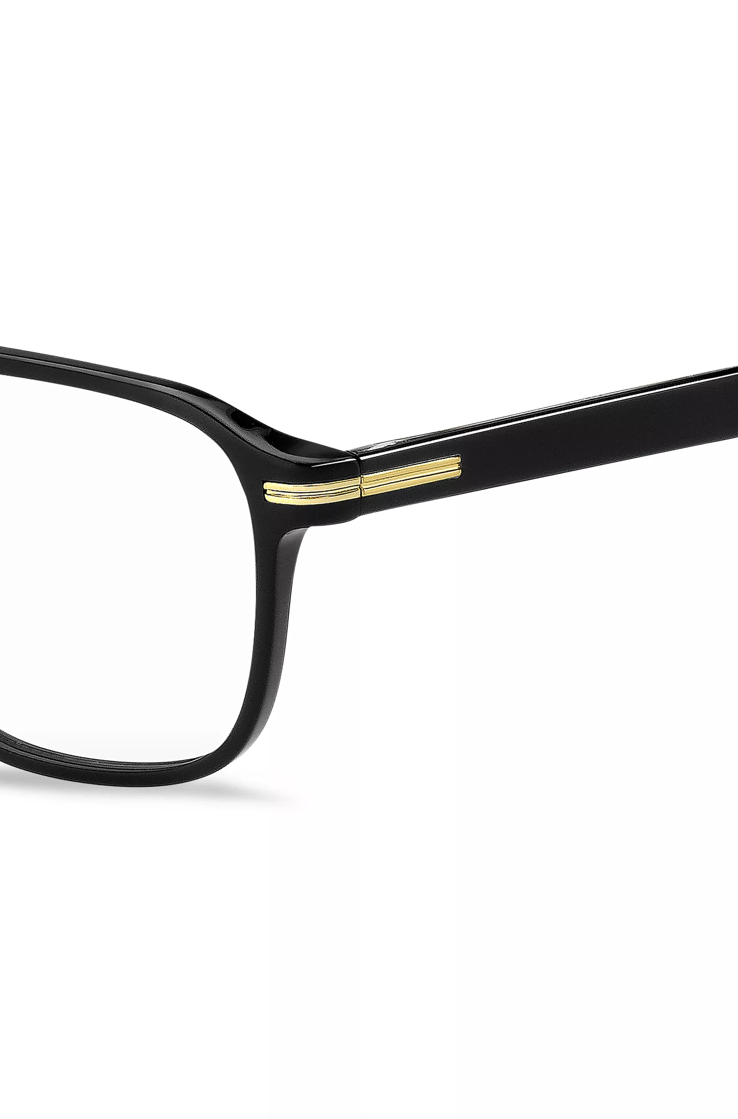 Armação de óculos BOSS em acetato preto com detalhes dourados exclusivos.