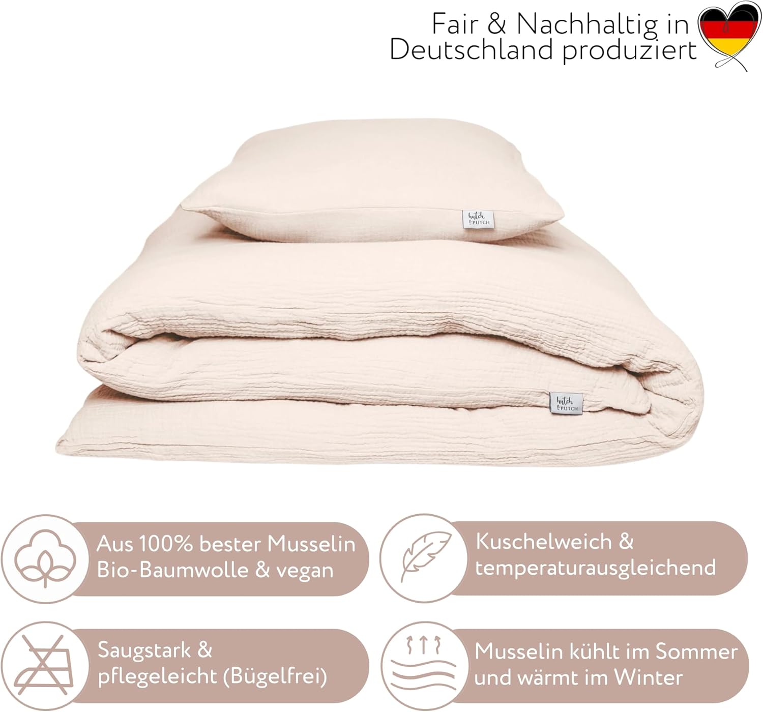 hutch&putch Premium Musselin-Bettwäsche - Bettwäsche Set - 100% Bio Baumwolle ​​- Deckenbezug & Kissenbezug - atmungsaktiv - 4 Jahreszeiten (Beige, 135x200 cm mit Kissenbezug 80x80 cm)