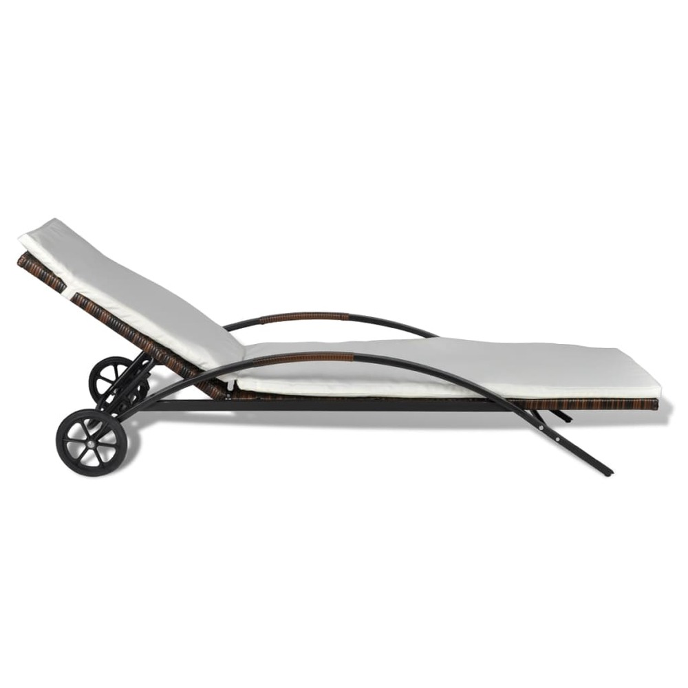 Transat chaise longue bain de soleil lit de jardin terrasse meuble d'extérieur avec coussin et roues résine tressée marron 02