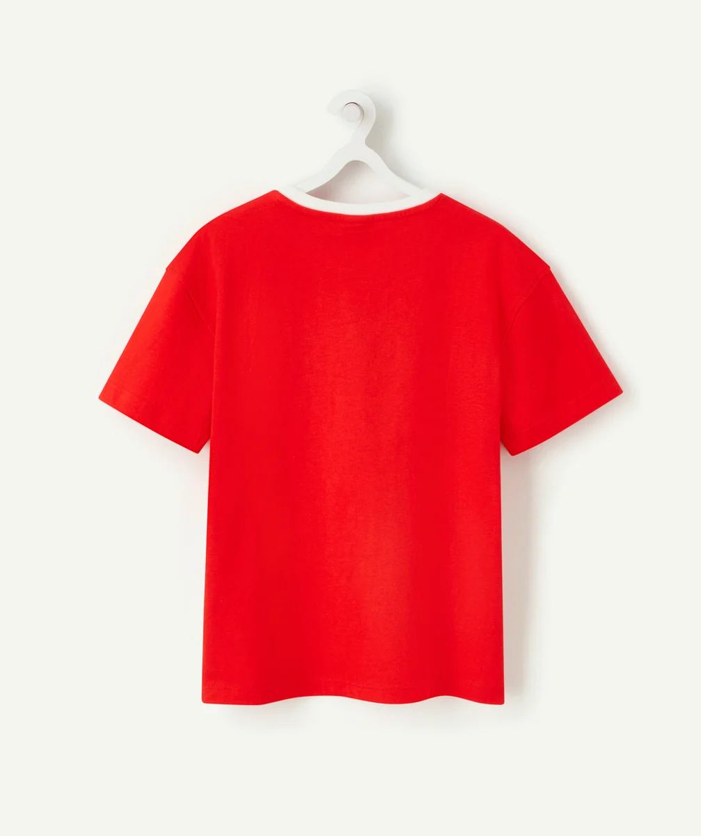 T-SHIRT GARÇON EN FIBRES RECYCLÉES ROUGE AVEC MESSAGE