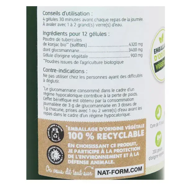 Cápsulas Vegetais de Konjac Orgânico Nat & Form 200