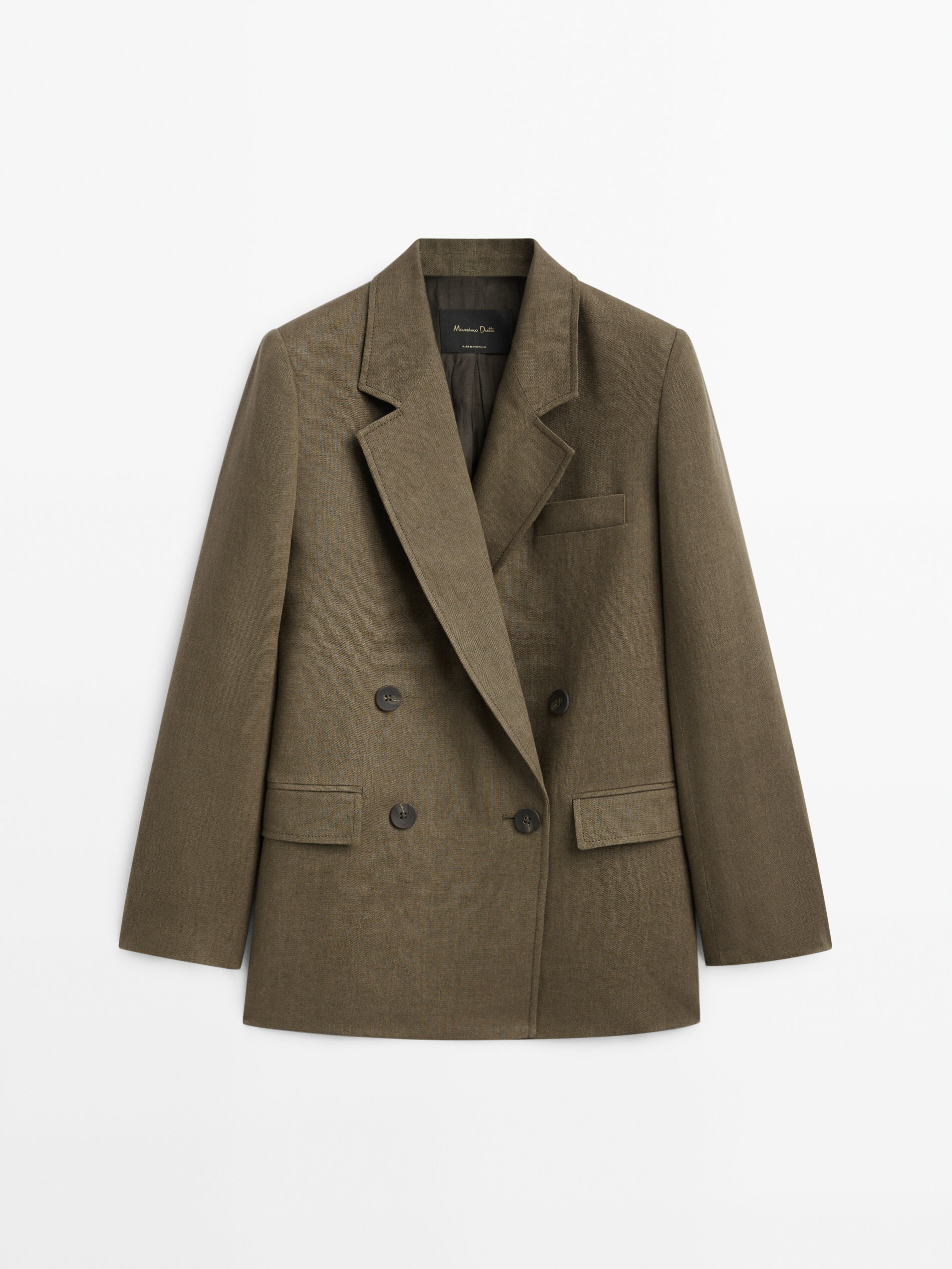 Blazer rústico de linho com abotoamento duplo - VERDE-OLIVA ESCURO