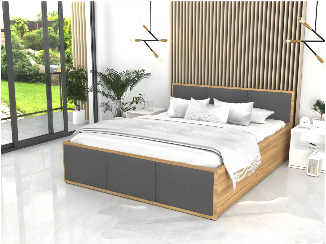 Lit Panama T 160x200 + coffre - Sommier inclus Chêne - gris foncé