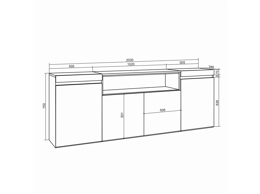 Buffet salon et cuisine, 200x75x35cm, 4 Portes, Cheminée électrique