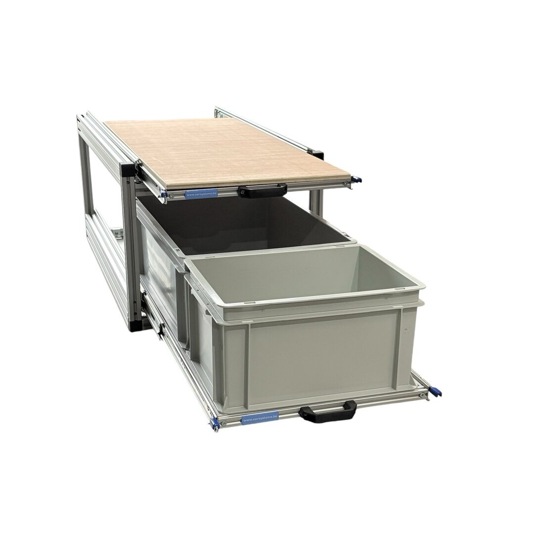 Dubbel schuifframe met 2 open bakken en multiplexplaat - 90x40 cm