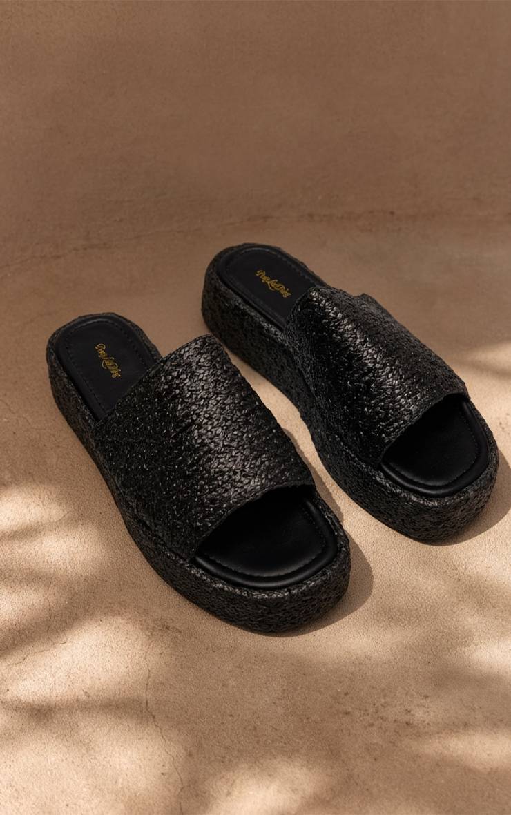 Noir Sandales Mules À Plateforme Plate En Raphia