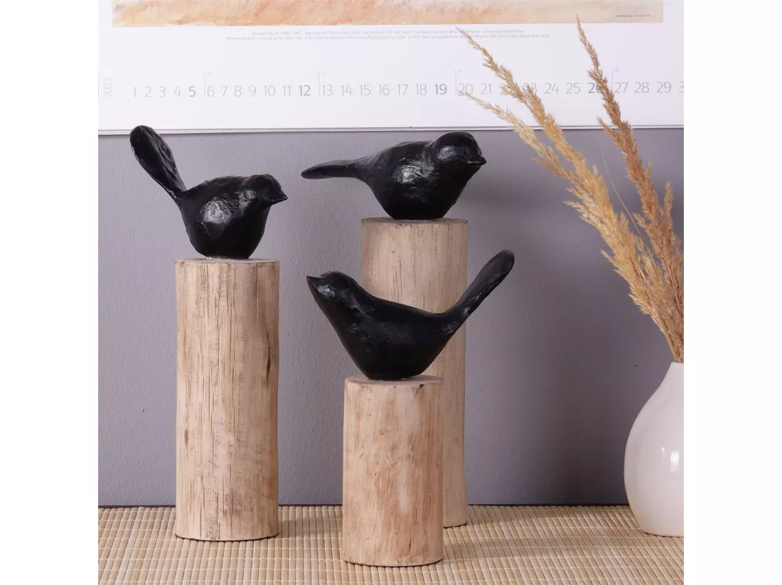 ENSEMBLE DE SCULPTURES D'OISEAUX Birdy 3 pièces. différentes tailles sur socle en bois massif couleurs naturelles