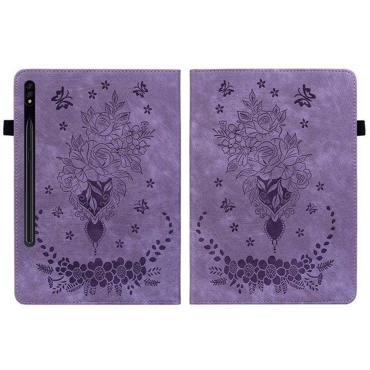 Samsung Galaxy Tab S10 Lite / S10 FE / Tab S9 FE / S9 Leder Tasche Flip Cover Rosen & Schmetterling Imprint   S-Pen Halterung - Lila
