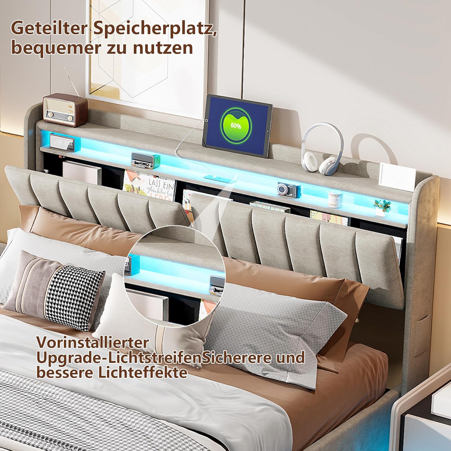 Polsterbett Doppelbett 140x200 cm, Hydraulisches Bett Stauraumbett mit LED & USB Aufladen, Funktionsbett Bettgestell mit Stauraum-Kopfteil&Lattenrost, Samt, Ohne Matratze Grau