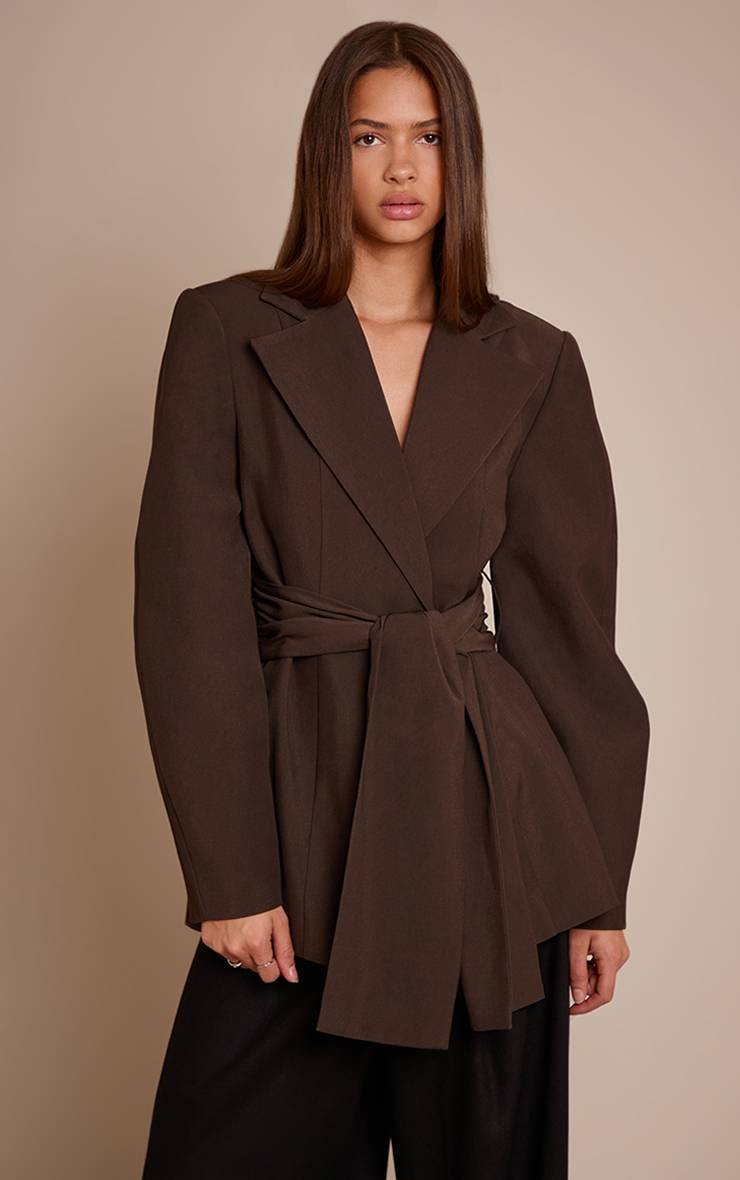 Chocolat Blazer Ceinturé Taille Froncée À Enroulement
