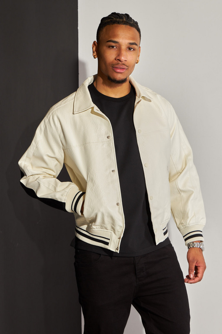 Bomber écru et noir en simili cuir