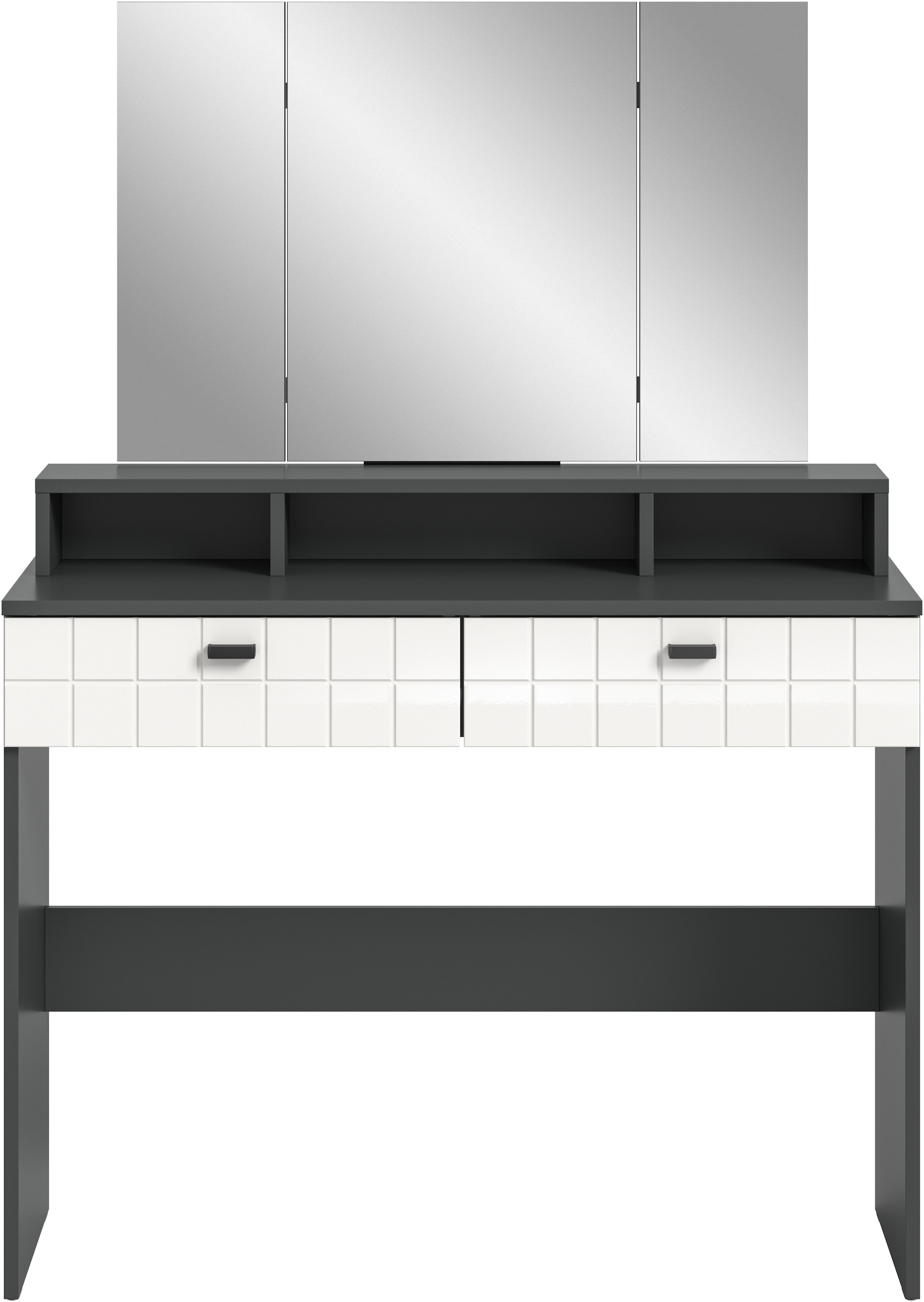 INOSIGN Schminktisch »GORA, Breite 100 cm, 2 Schubkästen, 1feste & 2 faltbare Spiegelflächen« gefräste Front in Waffeloptik hochglanz, Frisiertisch, Spiegeltisch