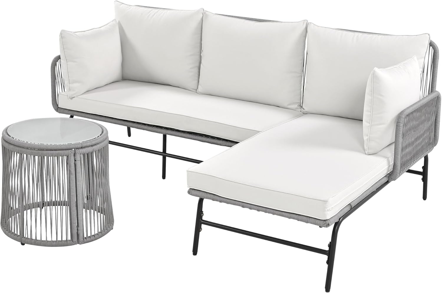 Gartenmöbel Lounge Set 6-TLG für 6 Personen, Lounge Möbel Outdoor mit 2 Sofa, 2 Tisch und 2 Stühle mit Sitzkissen, Eisen Gestell und Gewebtem Seil Gartengarnitur Sitzgruppe Outdoor, Grau