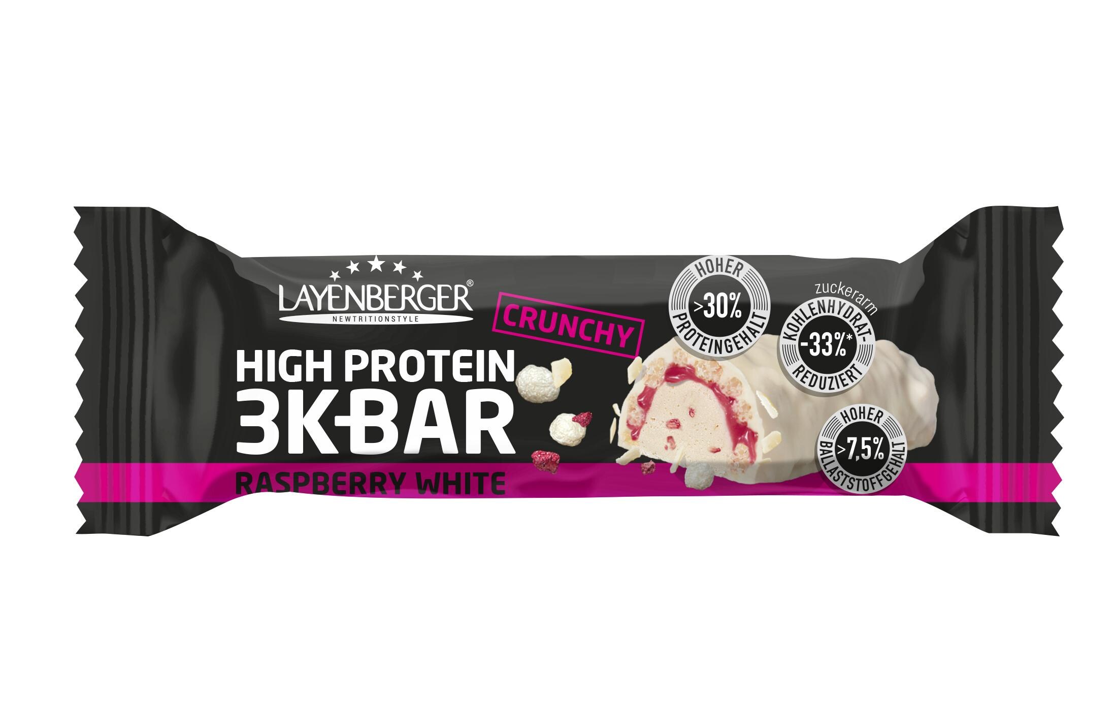 Protein-Riegel Crunchy Raspberry 45 gKnuspriger Proteinriegel mit weisser Schokolade und Himbeeren