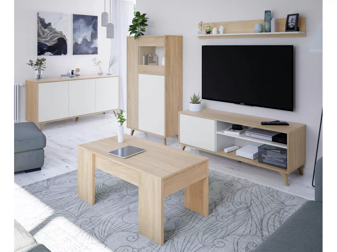Vitrine Atlanta, Vitrine moderne avec 3 portes, Buffet pour salon ou salon, Buffet haut avec étagères, 77x33h142 cm, Chêne et Blanc