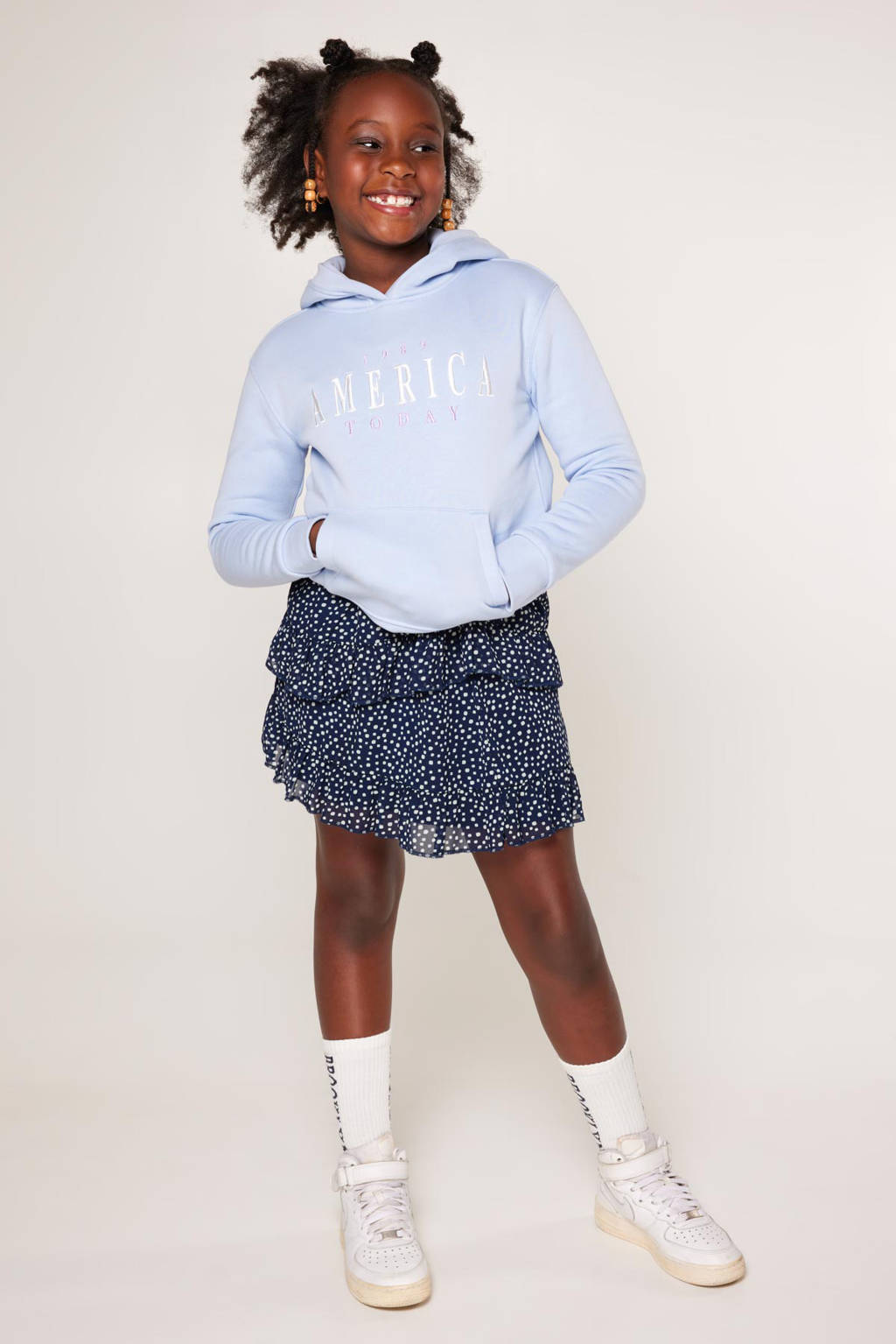 America Today rok Robby met all over print donkerblauw/wit