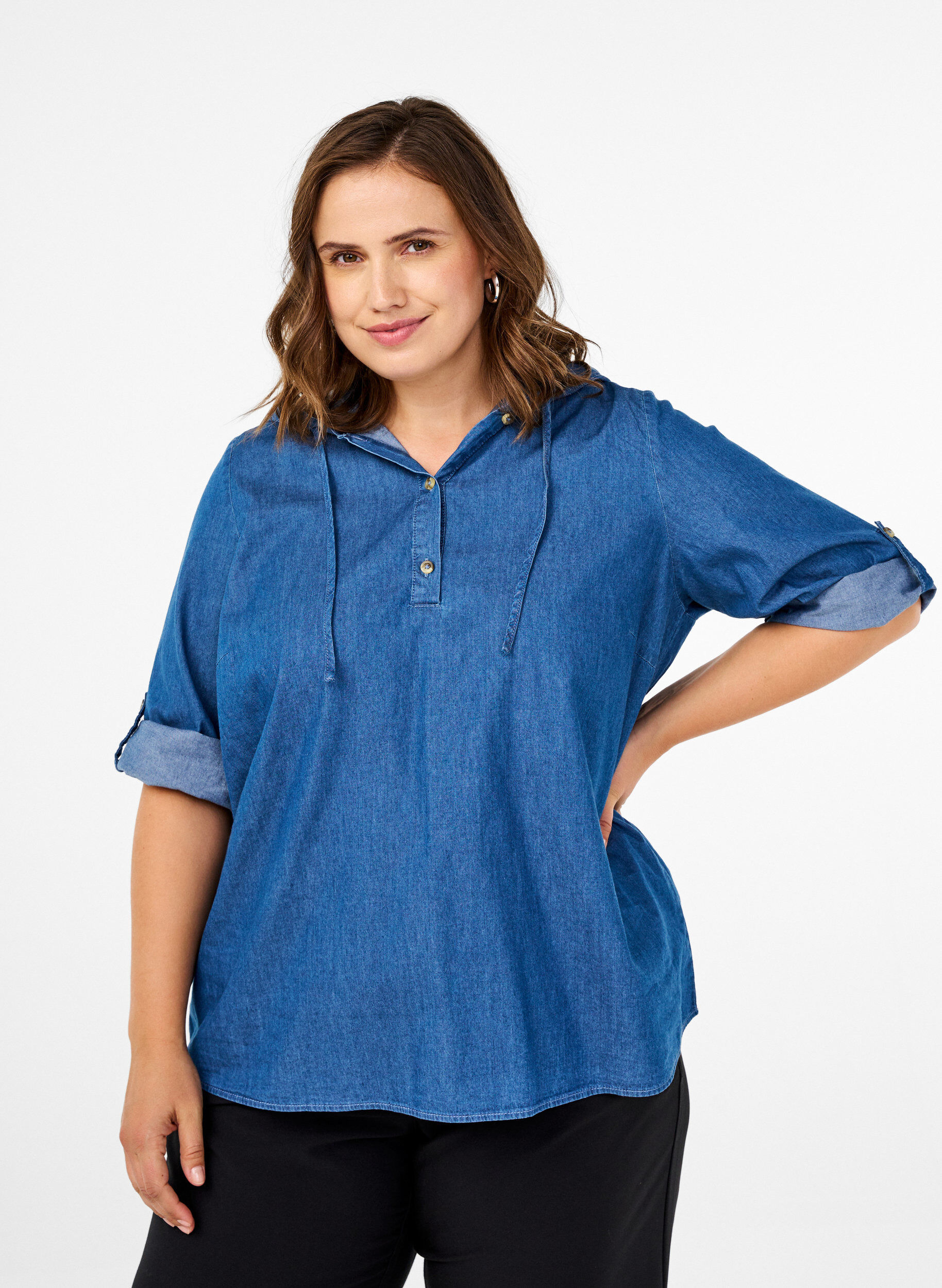 Denim bluse med hætte