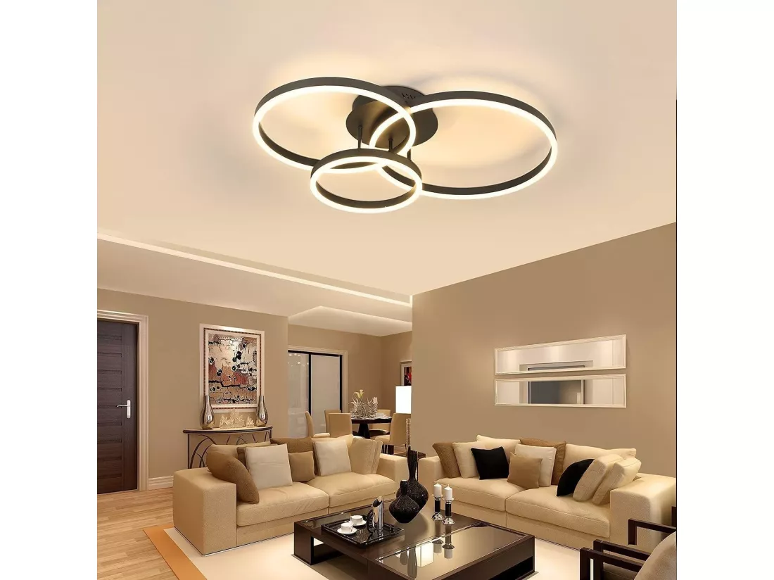 NETTLIFE Lampe plafond LED noire réglable, 82cm, avec télécommande, 74W, design 3 anneaux en acryl