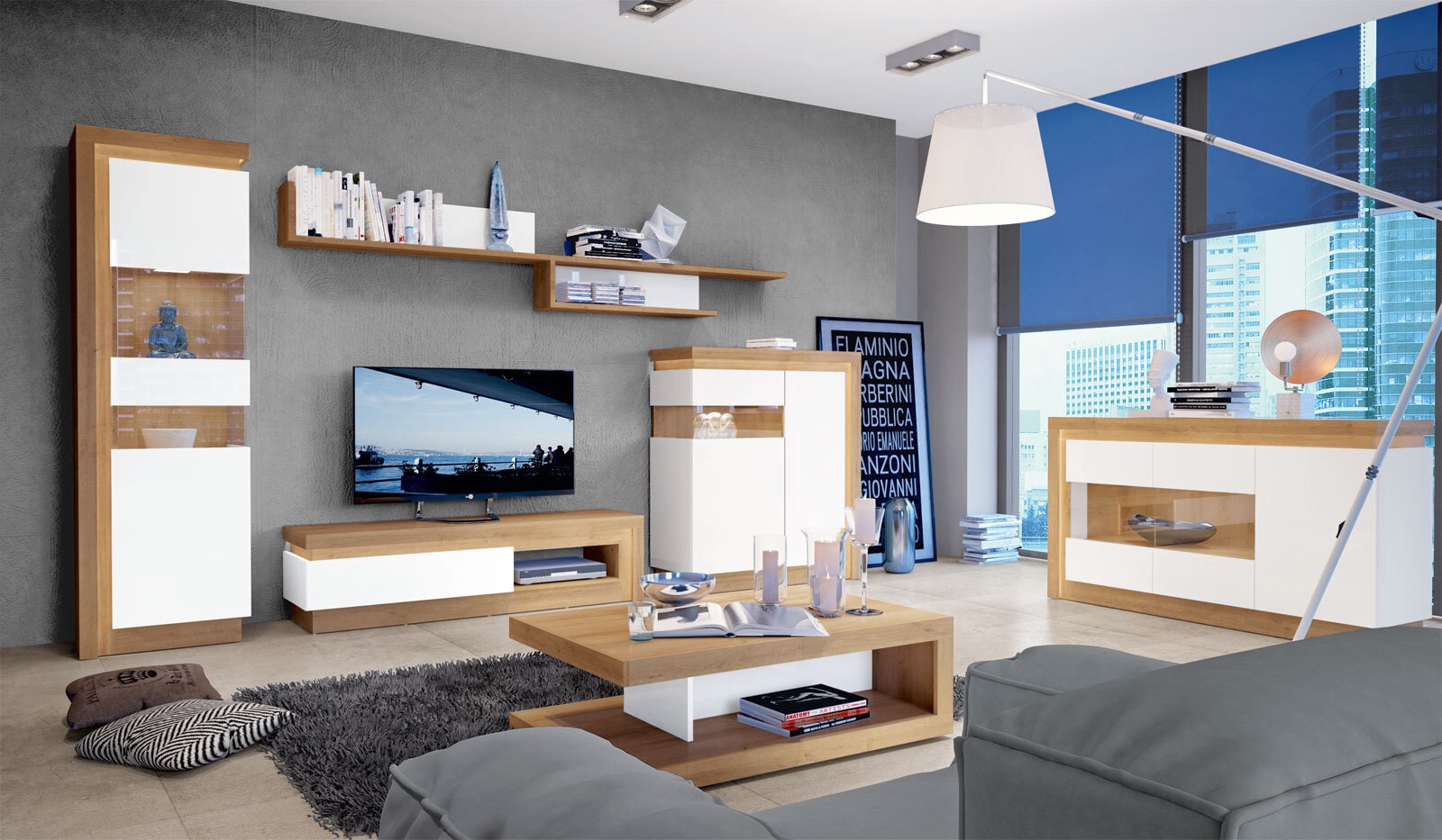 TV-Lowboard Lyon Riviera Eiche/Weiß Hochglanz 130x42x42 cm