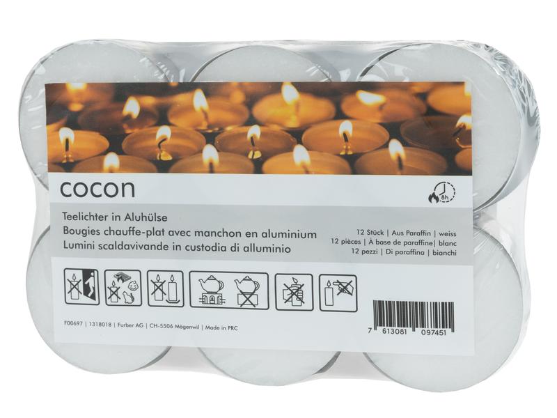 COCON Teelichter gross in Aluhülse 12 Stück, Weiss Rechaudkerzen aus Paraffin