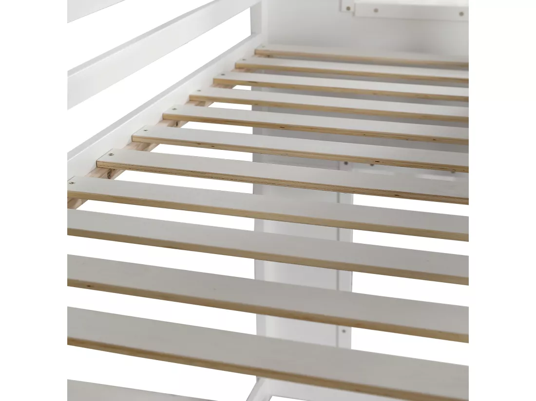 Lit mezzanine 90x200 cm en bois massif - avec bureau et échelle - Blanc