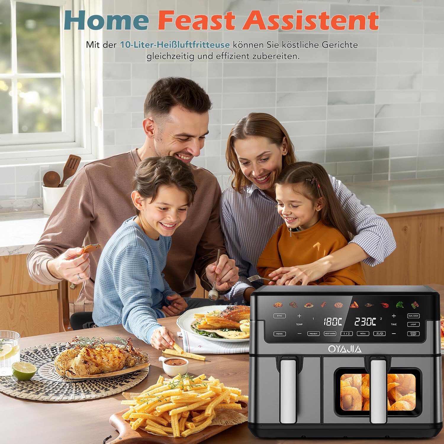 Airfryer Dual Basket 10L 2 Körbe 2 Gerichte Gleichzeitig Fertig Weniger Fett Energieeffizient Einfache Reinigung Airfryer - Digitaler Touchscreen Beleuchtetes Sichtfenster Silber&Schwarz