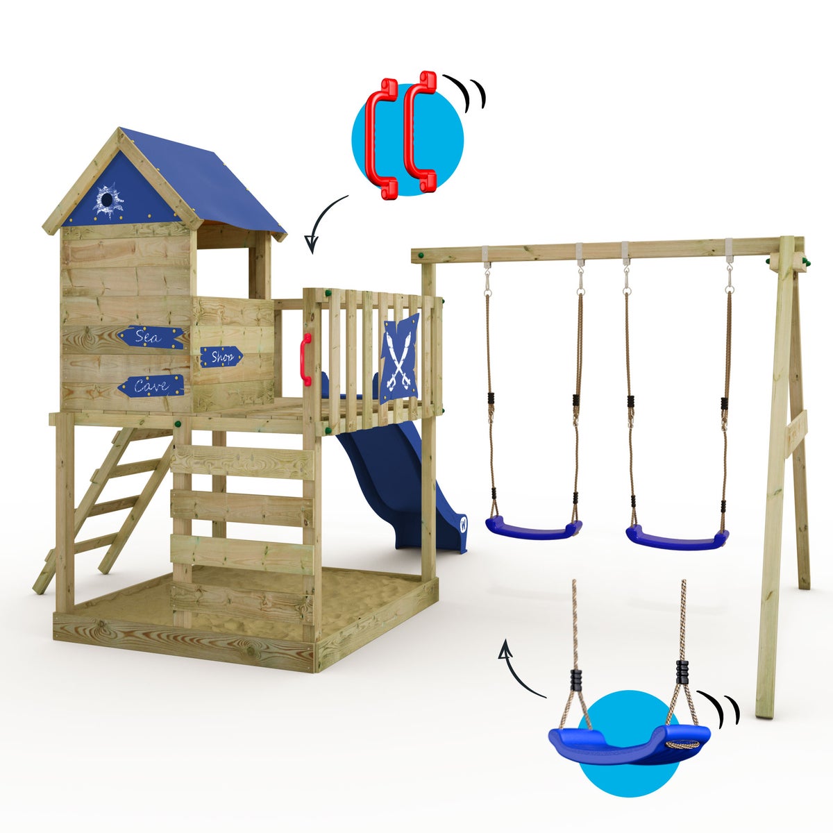 WICKEY Smart Cave speeltoren klimtoestel met schommel en glijbaan, boomhut met zandbak, klimladder en speelaccessoires – blauw