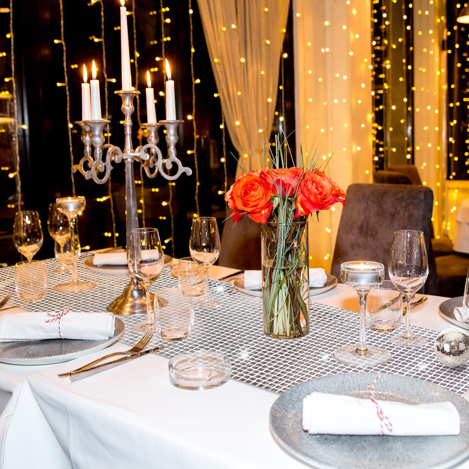 (2er Set) 180x30cm Disco Tischläufer Party Deko Pailetten Tischtuch Glitzer Tischdecke - Silber