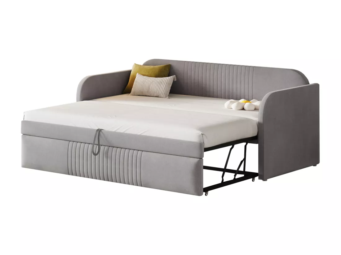Lit gigogne 90/180x190 cm - lit canapé en tissu lin - avec sommier à lattes - Gris clair