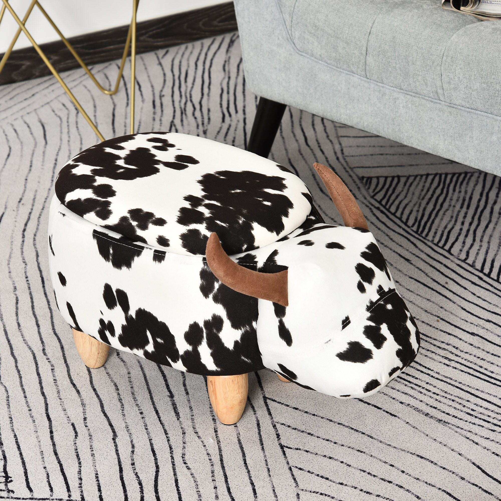 HOMCOM Kinderhocker im Kuh Design schwarz, weiß, natur 62 x 35 x 36 cm (LxBxH)