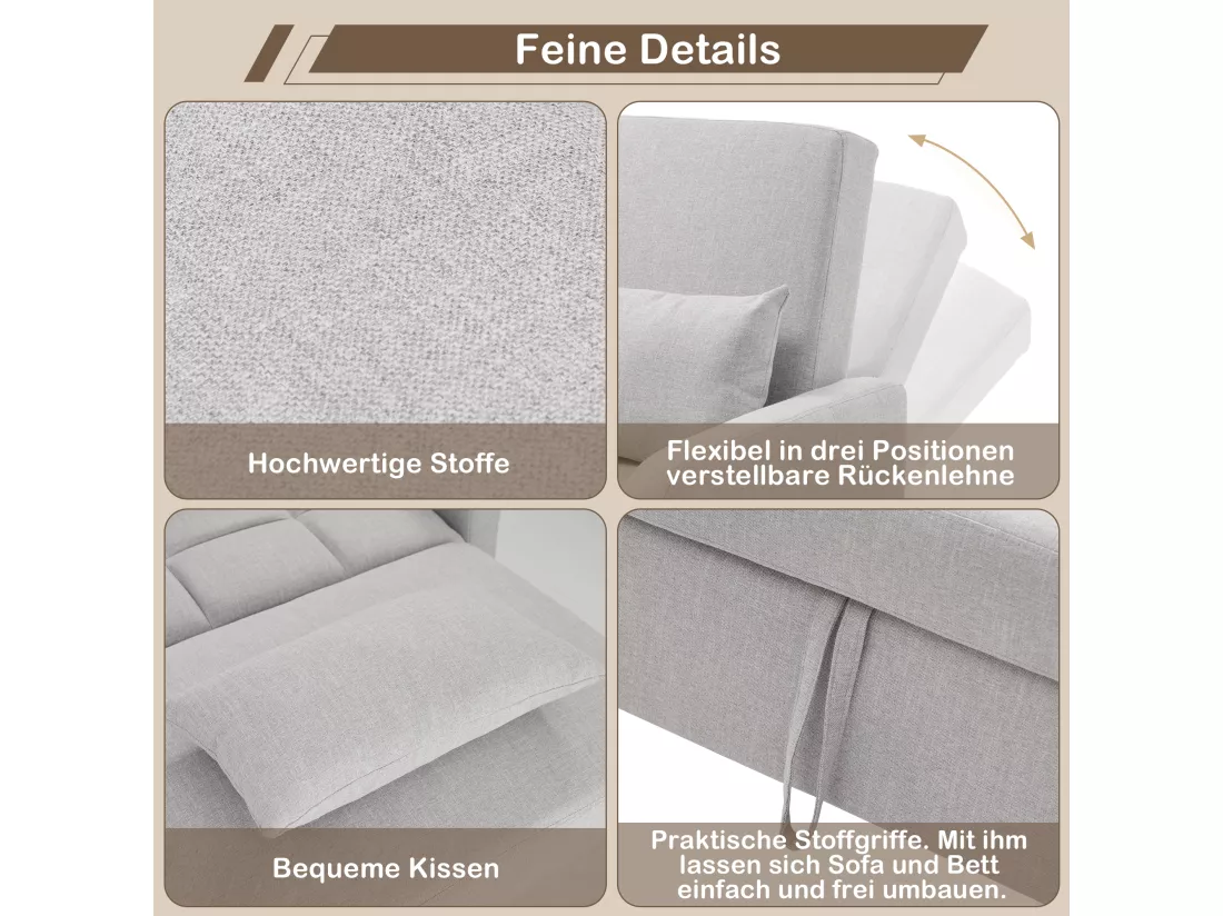 Canapé convertible 2 places, Canapé-lit pliant en tissu lin - 127 x 75 x 94 cm - avec fonction sommeil - Gris clair