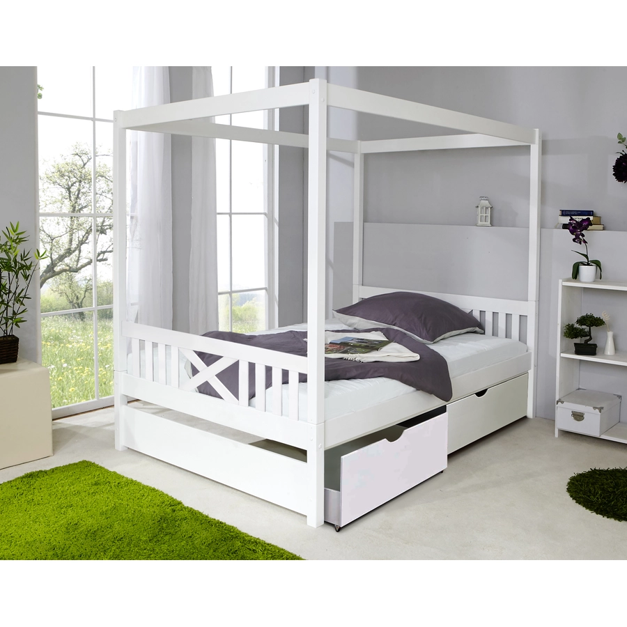 TiCAA Himmelbett Lino weiß mit 2 Schubladen