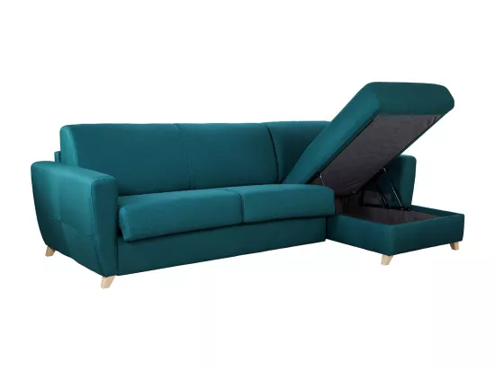 Canapé d'angle convertible réversible avec coffre 4 places en tissu bleu canard et bois clair GRAHAM