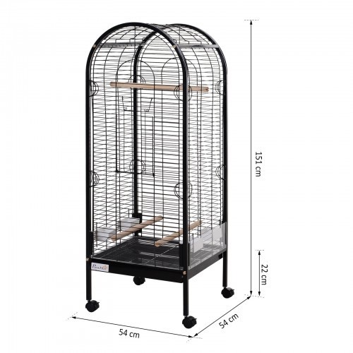 Gaiola PawHut com 4 rodas para papagaios, preta/dourada