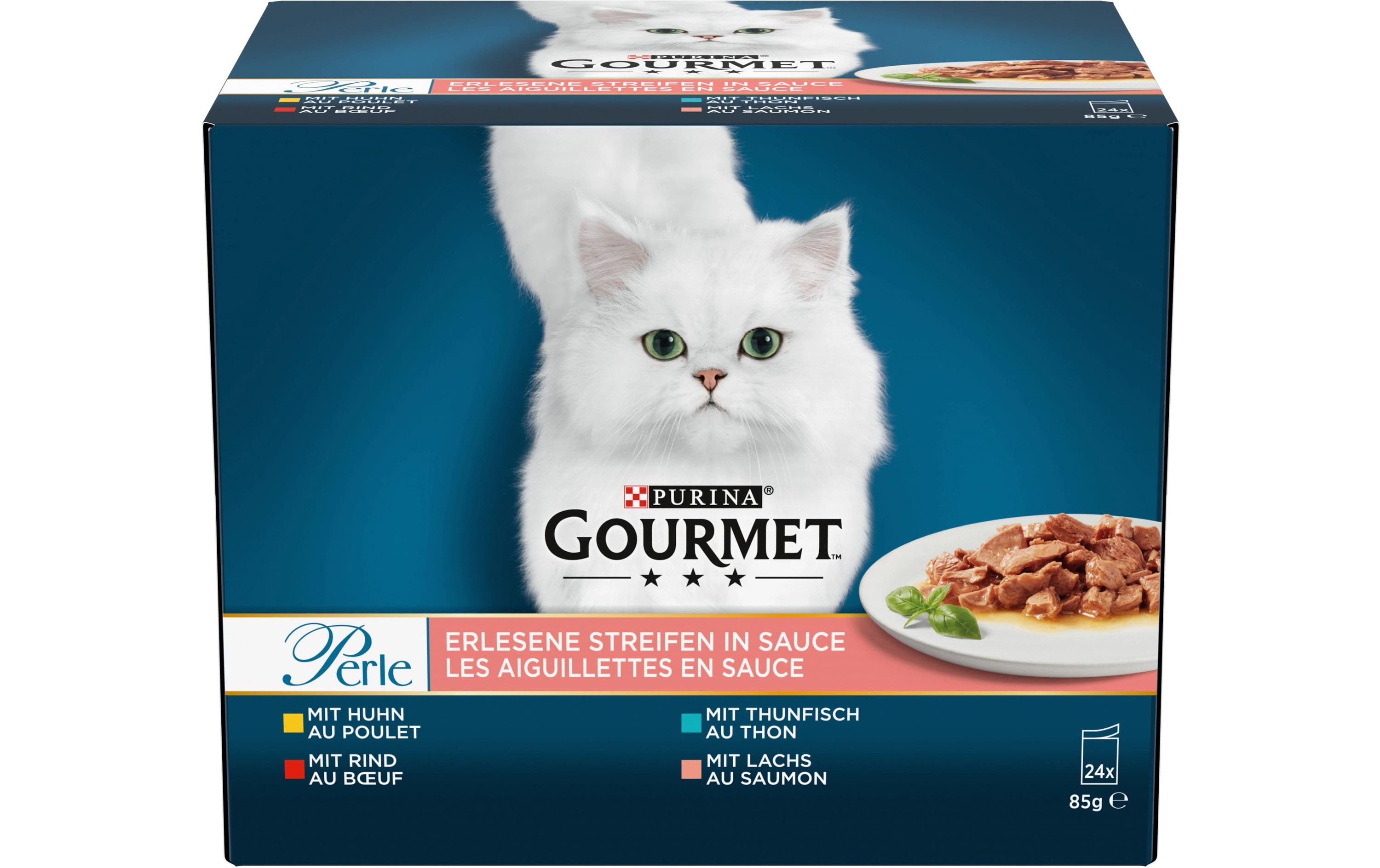 Nassfutter Perle Erlesene Streifen in Sauce 24 x 85gAlleinfuttermittel für ausgewachsene Katzen