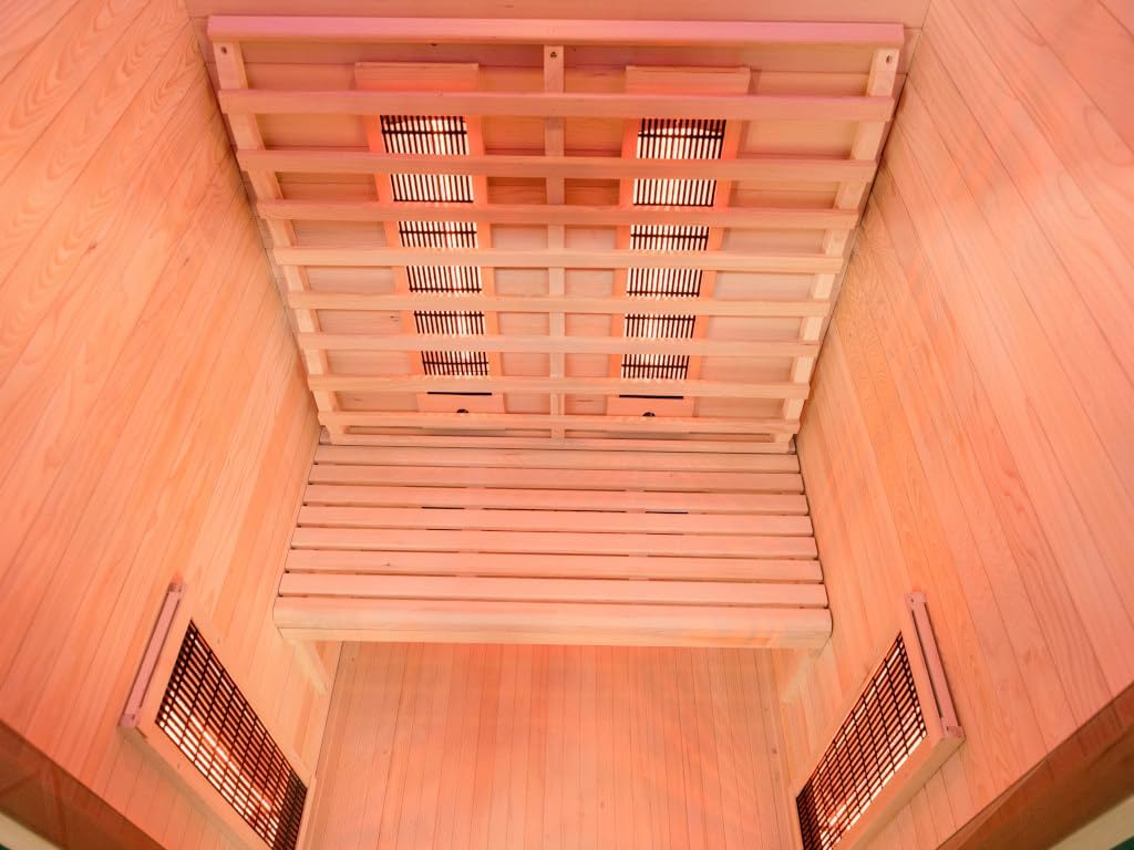 Infrarotkabine 2–3 Personen | Ganzglastür Klarglas | 120x100x195cm | Rubystrahler 1,5kW | Infrarot Sauna für Zuhause | Wärmekabine Holz natur | Fronteinstieg | Indoor Infrarotkabine