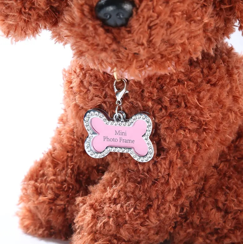 (40x24mm) Hunde Halsband Anhänger Glitzer Accessoire Fotorahmen im Knochen Design - Silber