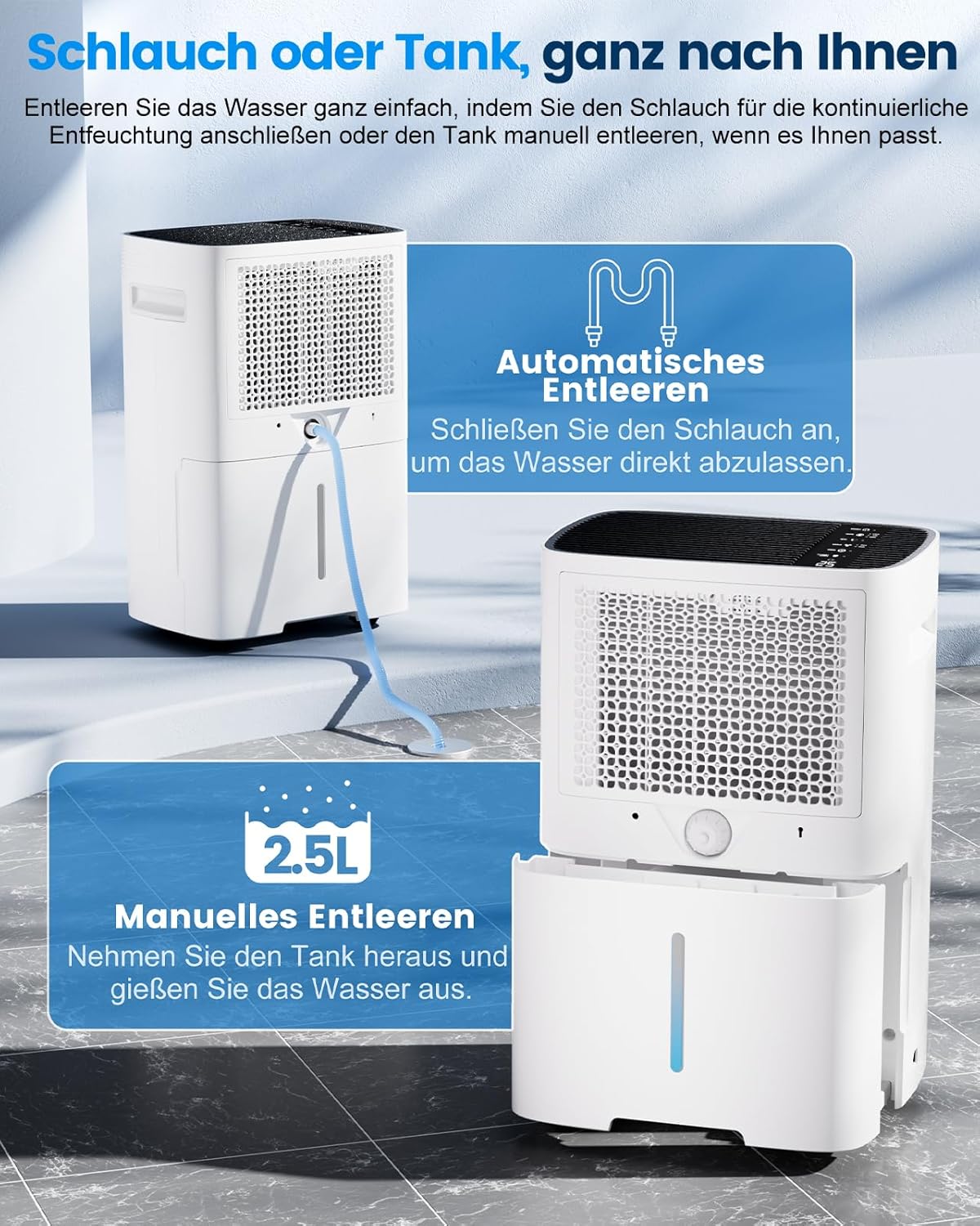 Luftentfeuchter Elektrisch,20L/Tag Hochleistungs Entfeuchter,Raumentfeuchter mit LED Anzeige,Wäschetrocknung, Ablaufschlauch,Timer und Abtauen, Raumgröße ca 200m³/60m², für Wohnungen,Badezimmer,Keller