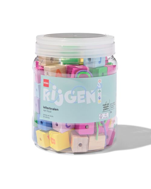 Seau de perles de lettres en bois avec ficelle - 80 pièces