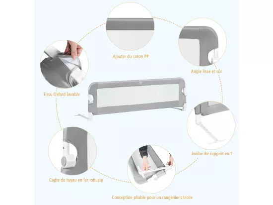 Barrière de Lit Pliable pour Bébé/Enfant Barre de Lit Rabattable avec Mousse Souple, Trous Pré-Percés Barrière de Protection Bébé Chambre à Coucher (Gris, 150 x 42 CM)